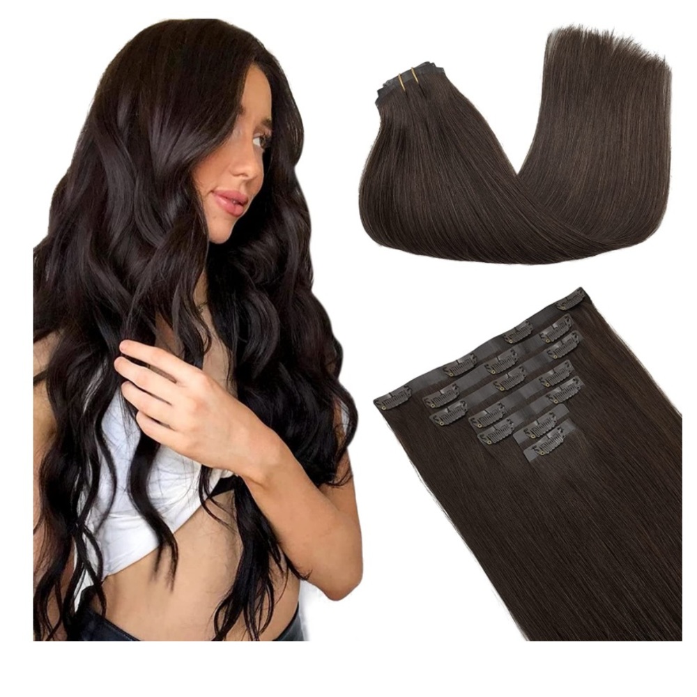 Clip in real remy hair extensions (style, wash, heat safe) 16 inch Light Brown